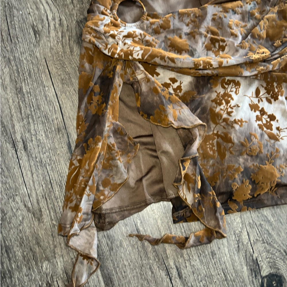 Y2k Style Windsor Brown Floral Burnout Pattern Cowl Halter Top Cutout Mini Dress - Picture 7 of 16